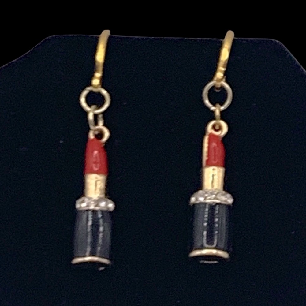 Lipstick Case & Red Lipstick Gold, Black, & Crystal Lever Back Dangle Earrings
